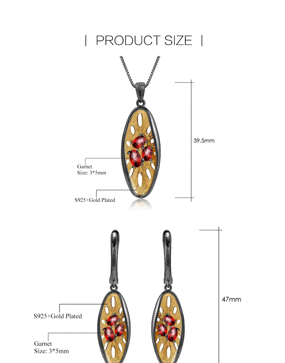 GEM'S BALLET 925 Sterling Silver Handmade Lemon Jewelry Set Natural Red Garnet Gemstones Ring Earrings Pendant Sets For Women