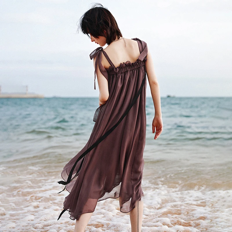 

SHENGPALAE solid color strap dress women's summer 2021 new square collar loose mesh mid-calf Various ways of wearing dresses