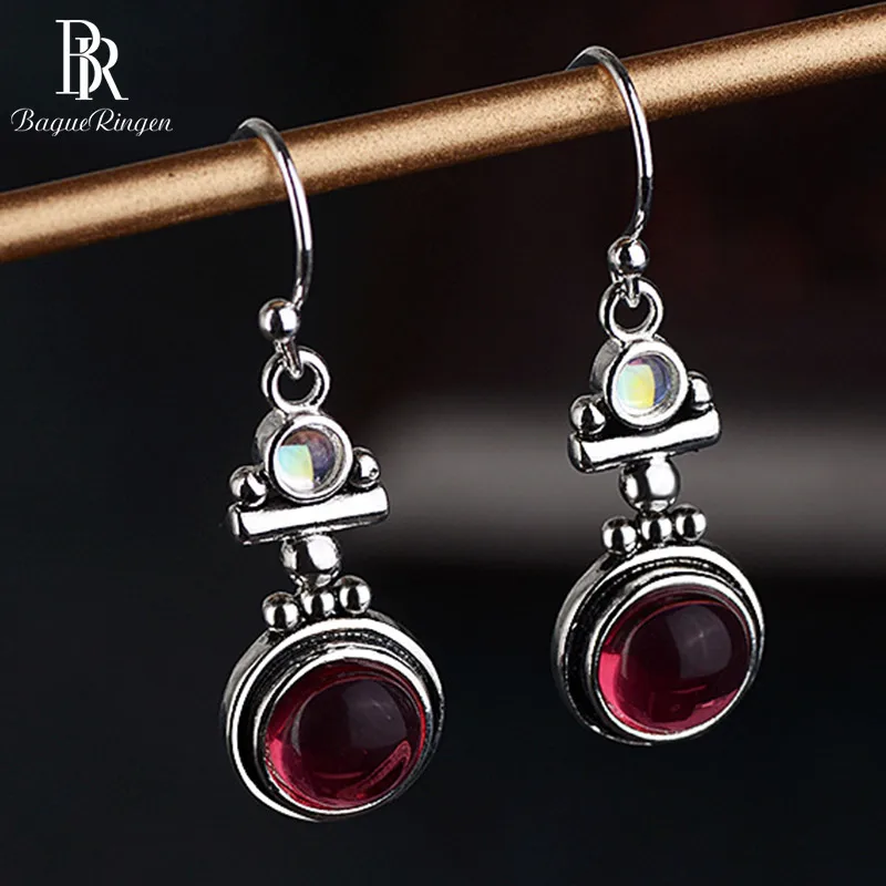 Bague Ringen, тайское серебро 925, серьги-капли, ювелирное изделие с красным круглым лунным камнем, Винтажные серьги с драгоценным камнем, вечерние, Подарок на годовщину