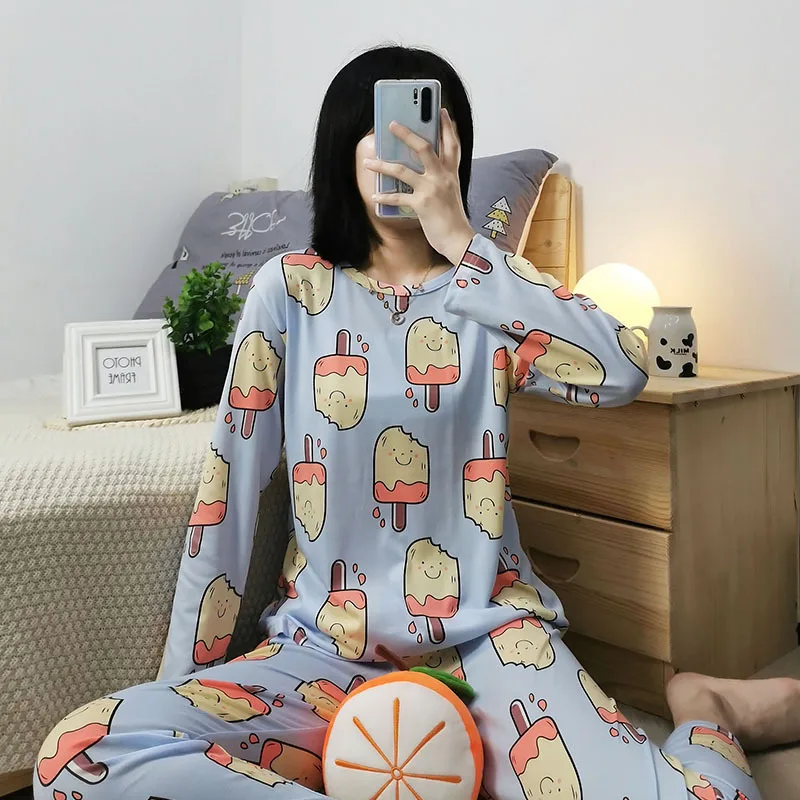 

YRRFUOT 2020 Spring Autumn New Products Long Sleeve Pajamas Set Thin Milk Silk Ladies Homewear Cute cartoon Print Sleepwear Full