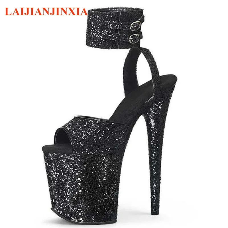 

Summer New Style Ankle Strap Flock Super High Stripper Heels Platform Sandals 8Inch 20cm Pole Dance Shoes Models Nightclub