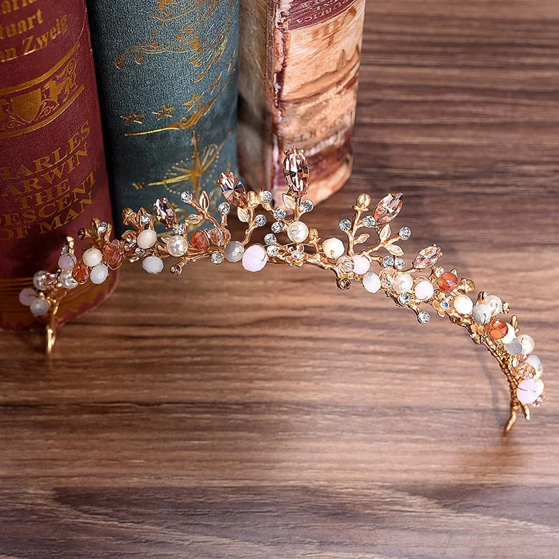 Baroque Rhinestone Pink Crystal Beads Bride Crown Tiara Wedding Bridal Diadem Headpiece Hair Accessories Jewelry | Украшения и