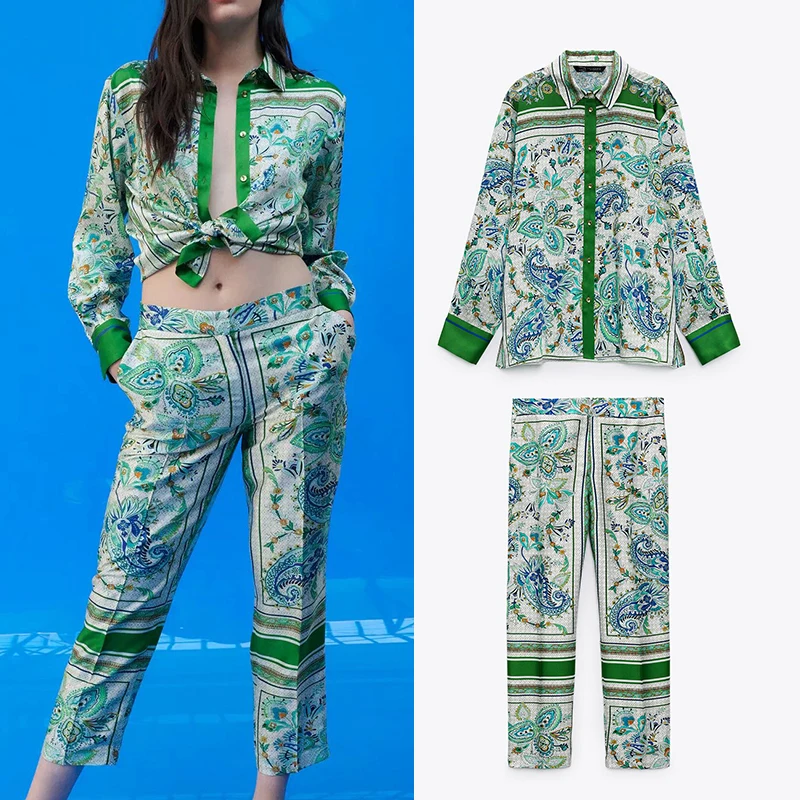 2 Pieces ZA Women Shirt + Pants Summer Set 2021 Fashion Straight Floral Printed Single Breasted Tops Casual Girls Outfits