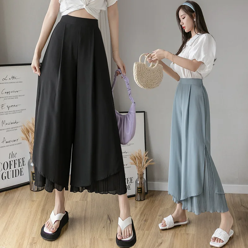 

New Korean Black Chiffon Pleated Wide Leg Pants Women Casual Split Ankle-length Capri Pants Elastic Waist Trouser