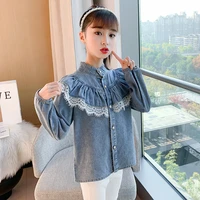 lucalucky spring 2021 lace ruffles denim blouses baby teenage girls long sleeve single breasted shirt kids top clothes age 4 16y