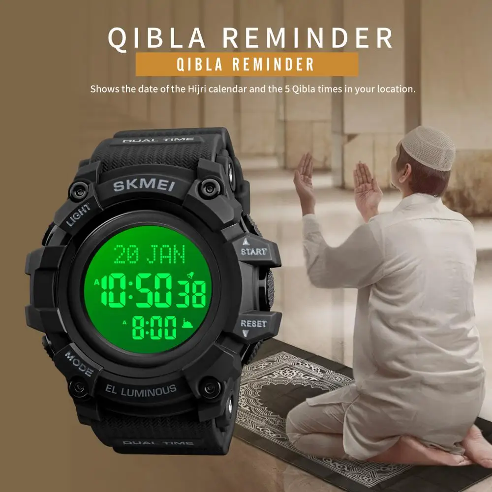 

Цифровые мужские часы SKMEI, мусульманские часы Qibla, ударопрочные часы с напоминанием о времени из ПУ кожи, водонепроницаемые спортивные мужск...