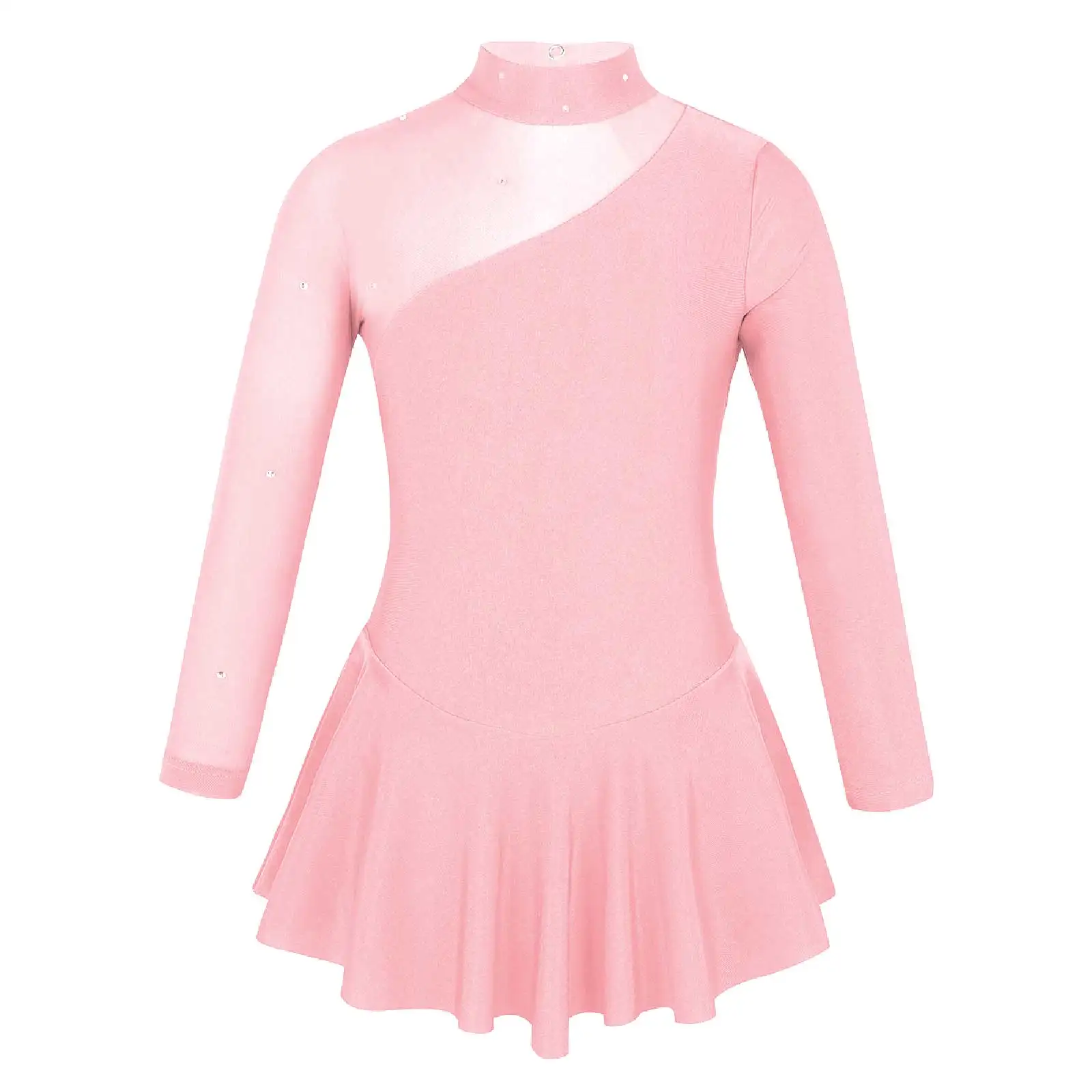 

Kids Girls Long Sleeves Ballet Dance Tutu Dress Rhinestone Mock Neck Tulle Splice Gymnastic Figure Ice Skating Dress Leotard