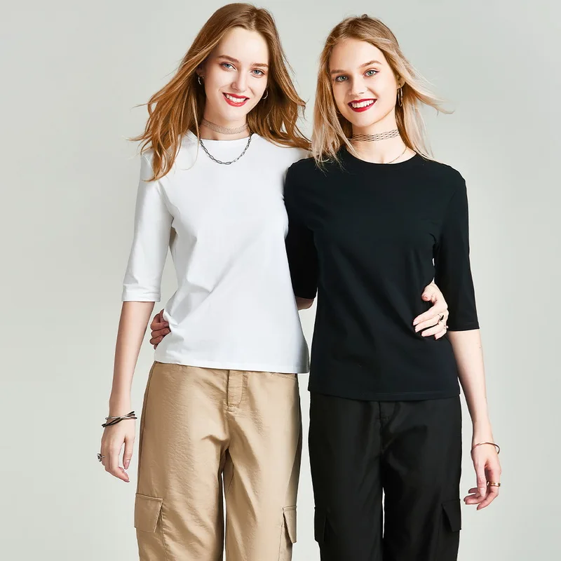 

HAVVA 2020 Spring and Summer Simple Form Fine Yarn High Count Cotton Blended Women's T - shirt Half Sleeves T5124