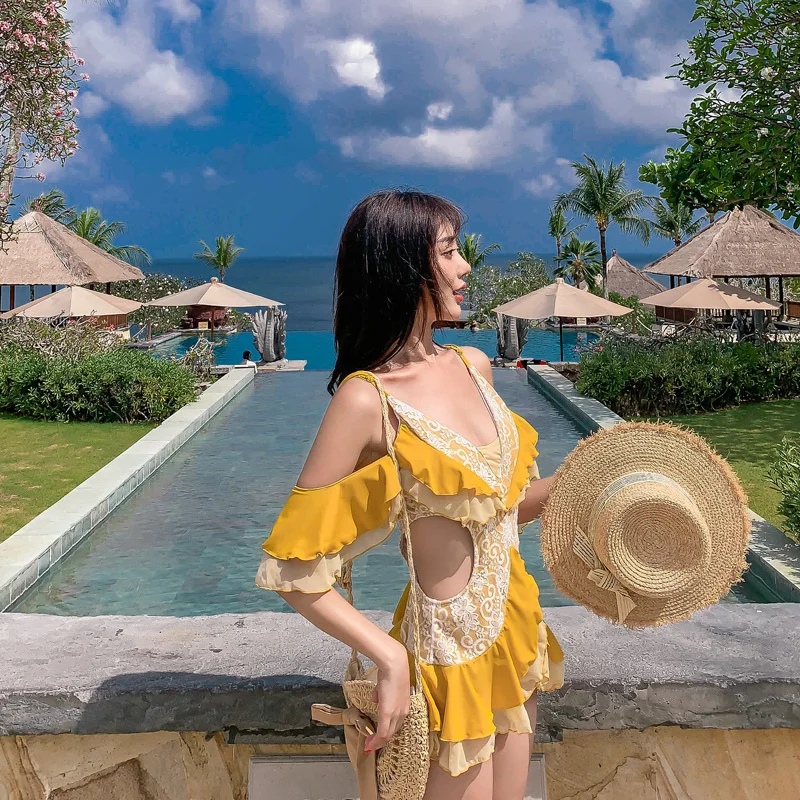 Купальник женский цельный боди 2020 желтый купальник кружевной сексуальный V