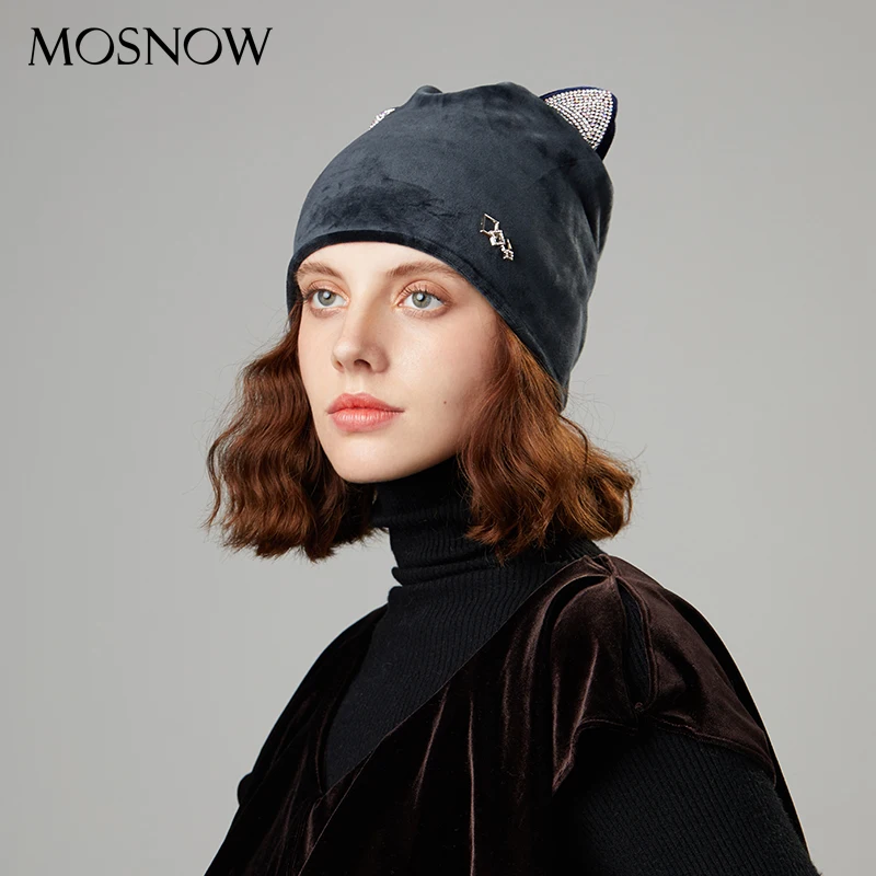 Зимняя женская шапка, s, милая шапочка с кошачьими ушками, Vogue, со стразами, чистый цвет, женские шапки, бренд, осень, для улицы, для девушек, бини, Повседневная шапка