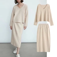 elmsk skirts women england fashion simple solid v neck loose sweaters women pockets high waist knitted midi pullovers sets