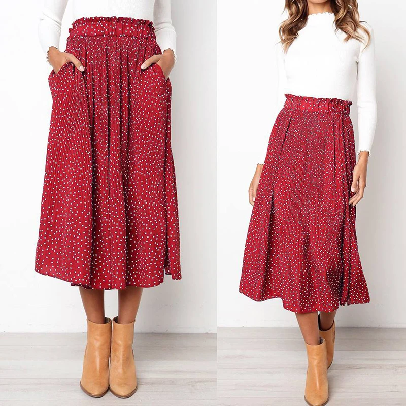 

Floral Print Polka Dot Pleated Midi Skirt Women Pocket Elastic High Waist Skirt Summer Girls Elegant Casual Long Skirt Plus Size