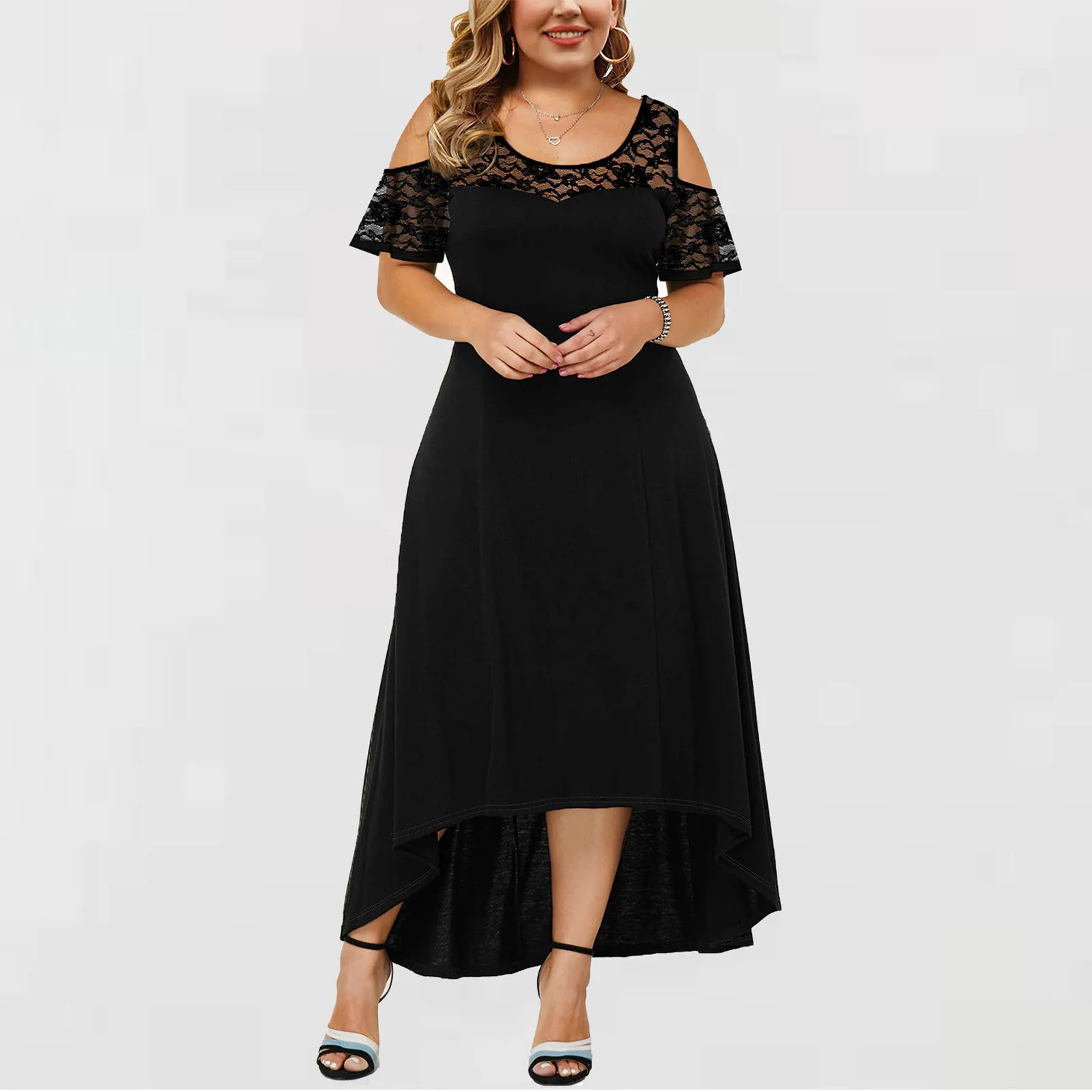 

Casual women's dresses Plus Size Sexy O-Neck Strapless Draw Back Lace Splicing Short Sleeve Dress vetement femme 2021 E3