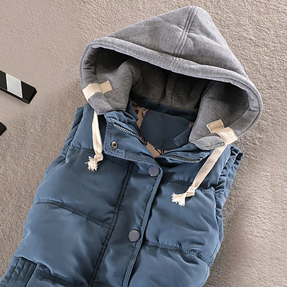 

Women Autumn Winter Warm Down Vest Zip Button Pocket Removable Hooded Waistcoat