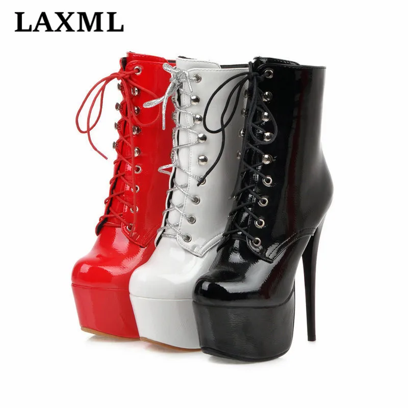 

Nightclub Stage Patent Leather Women Boots New Zipper Sexy Stiletto Brand Women Boots Fashion Cross-Tied Designer Shoes Woman