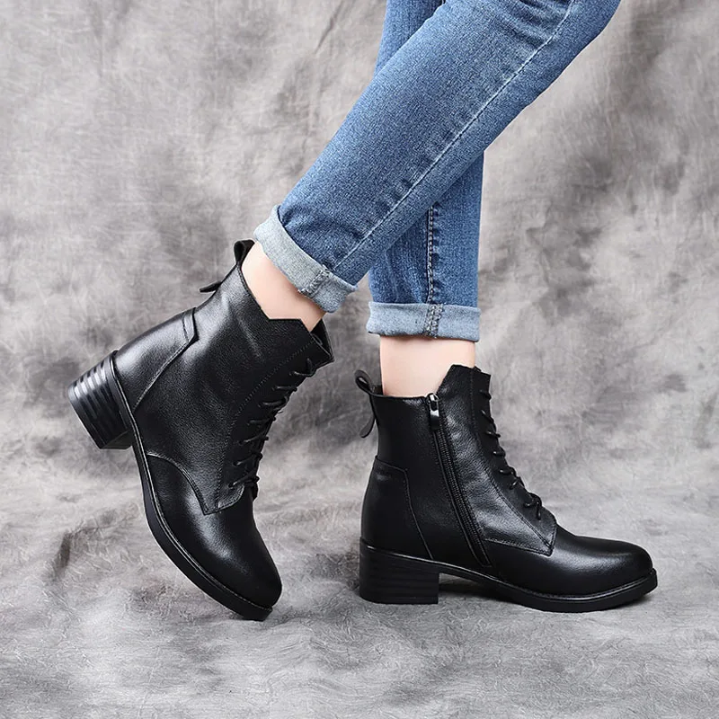 

BEYARNE New Women Boots 2020 Autumn Winter Genuine Leather Chunky Heel Ankle Boots For Women Warm Short Plush Boots Black