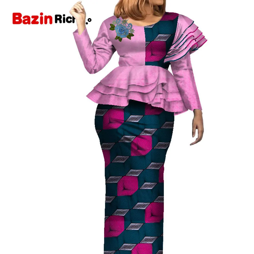 

Fashion Patchwork Long Sleeve Dashiki Skirt Suit African Bazin Fabric Plus Size African Women Skirt Set WY7905
