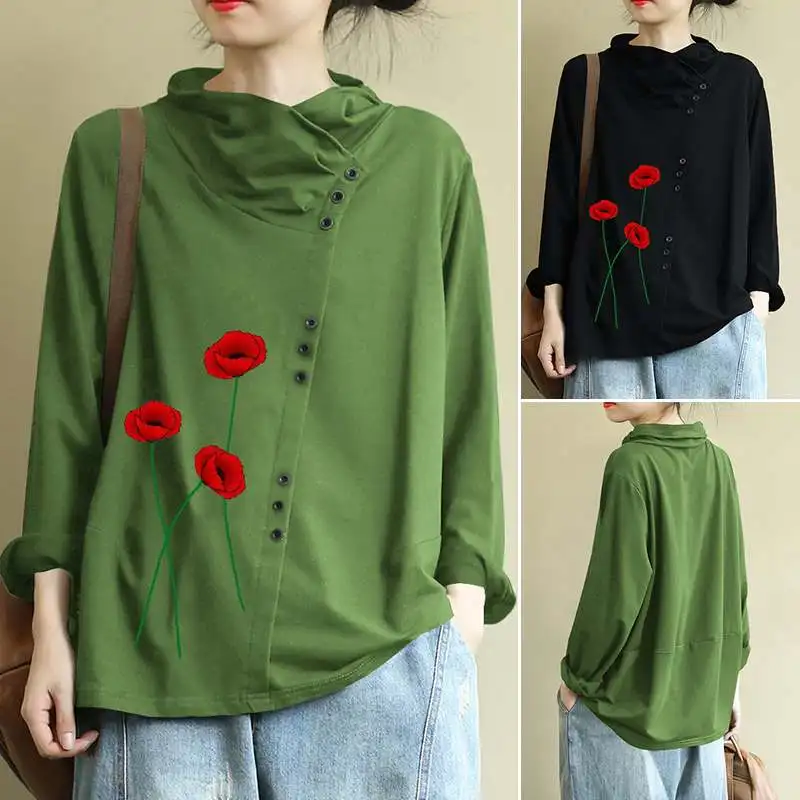 

Women Casual Tops Solid Buttons Shirt Spring Vintage Flower Long Sleeve Blouse Retro Rose Printed Blusas Plus Size Chemise 5XL