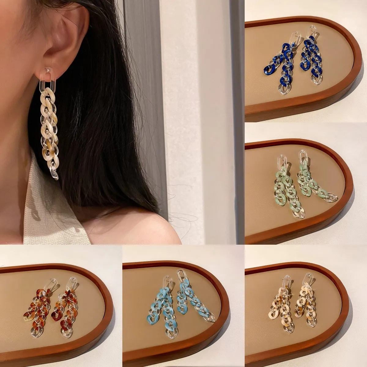

Vintage Korean Fashion Acrylic Resin Chain Long Tassel Drop Earrings Hanging Temperament for Women Jewelry Gift