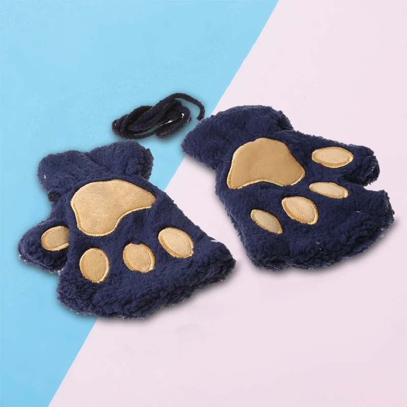 

Q1FA Women Winter Warm Half Finger Gloves Cartoon Cat Paw Plush Fingerless Mittens