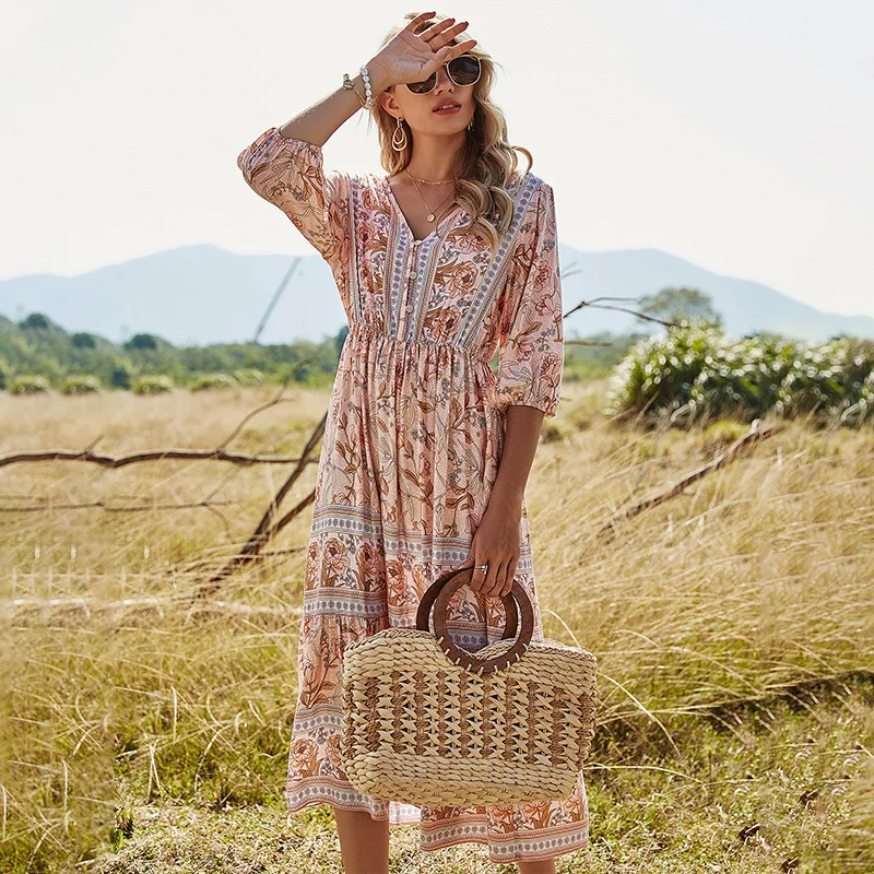 

2021 Buttons Boho Dress Beach Flare Sleeve Shirring VNeck Print Dresses for Women Summer High Waist Loose Half Sleeve Midi Dress