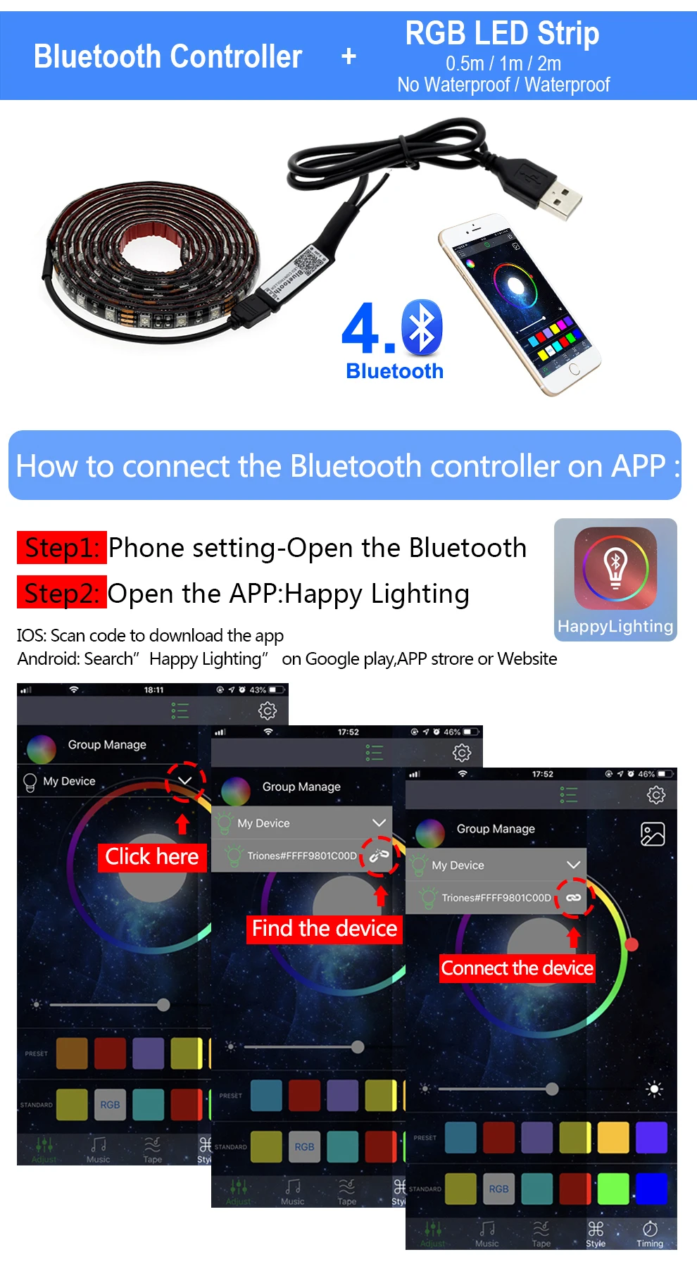 Светодиодная лента USB 5050 RGB сменная 5 в водонепроницаемая/без водонепроницаемости 0,5 м 1 м 2 м с контроллером USB Набор DIY ТВ декоративный светодиодный светильник