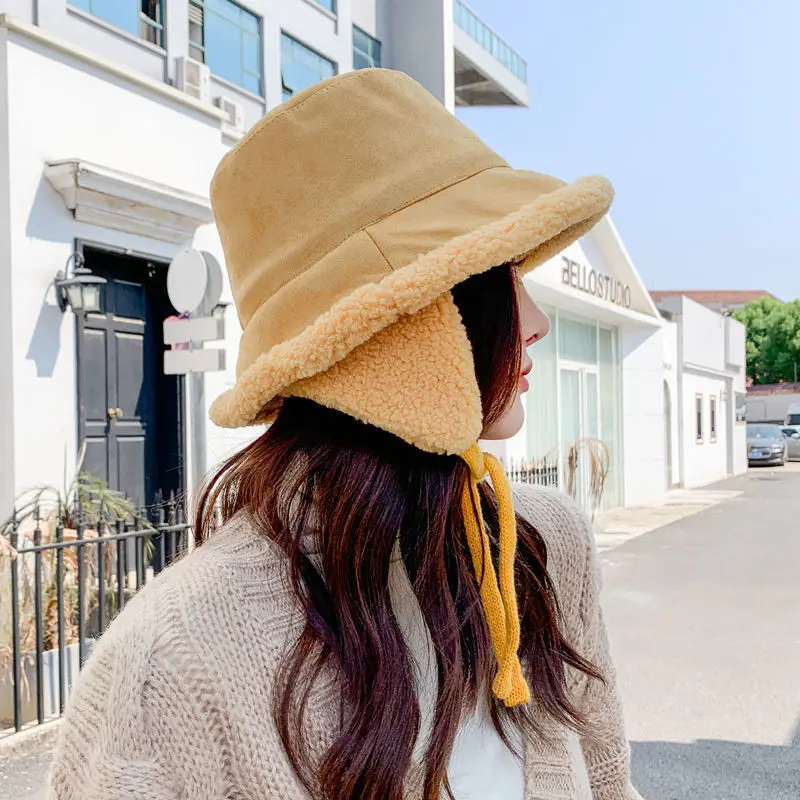 Women's Warm Winter Plush Cycling Ear Protection Bucket Hat Korean Lovely Basin Hat Student Russian Hats Fleece Fisherman's Hat