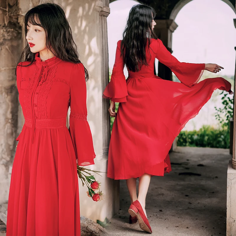 

YOSIMI 2021 Summer Red Long Dress Maxi Elegant Chiffon Women Dress Stand Neck Fit and Flare Mid-calf Butterfly Long Sleeve Dress