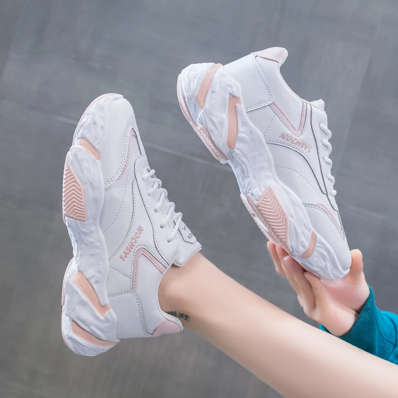 

2020 Casual Lace Up Basket Femme Sneakers Chunky Heels Women's Platform Massive Antislip PU Leather White Autumn Shoes fashion