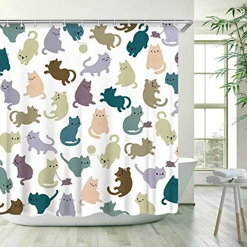 

Funny Cute Cats Themed Shower Curtains Set Waterproof Fabric Kids Animal Shower Curtain for Bathroom
