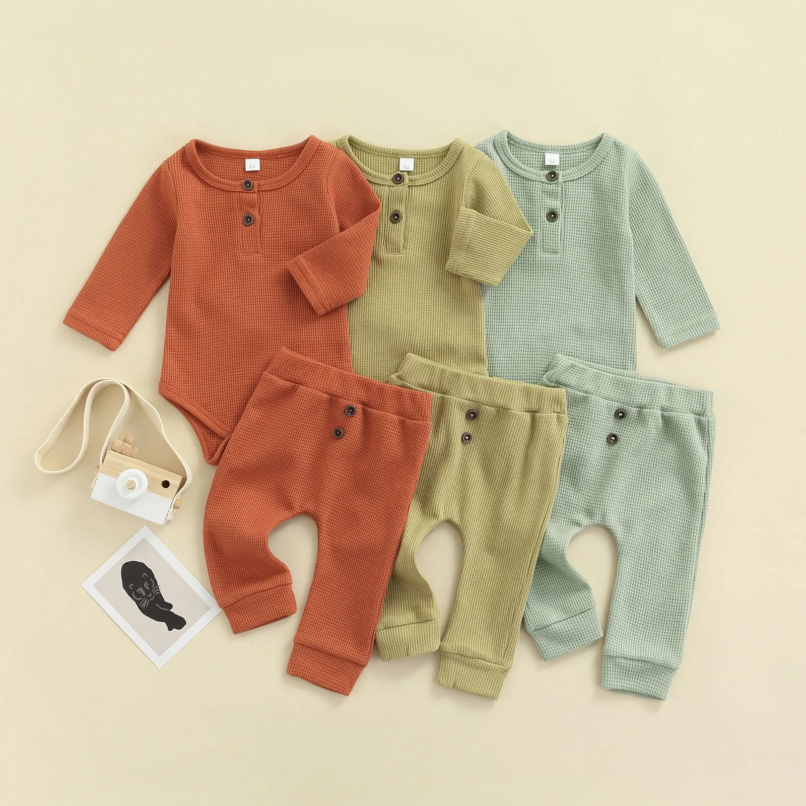 

0-18 Months Baby Girl Boy Trouser Suit Solid Color Long Sleeves Round Neck Jumpsuit Bottom Snap Elastic Trousers