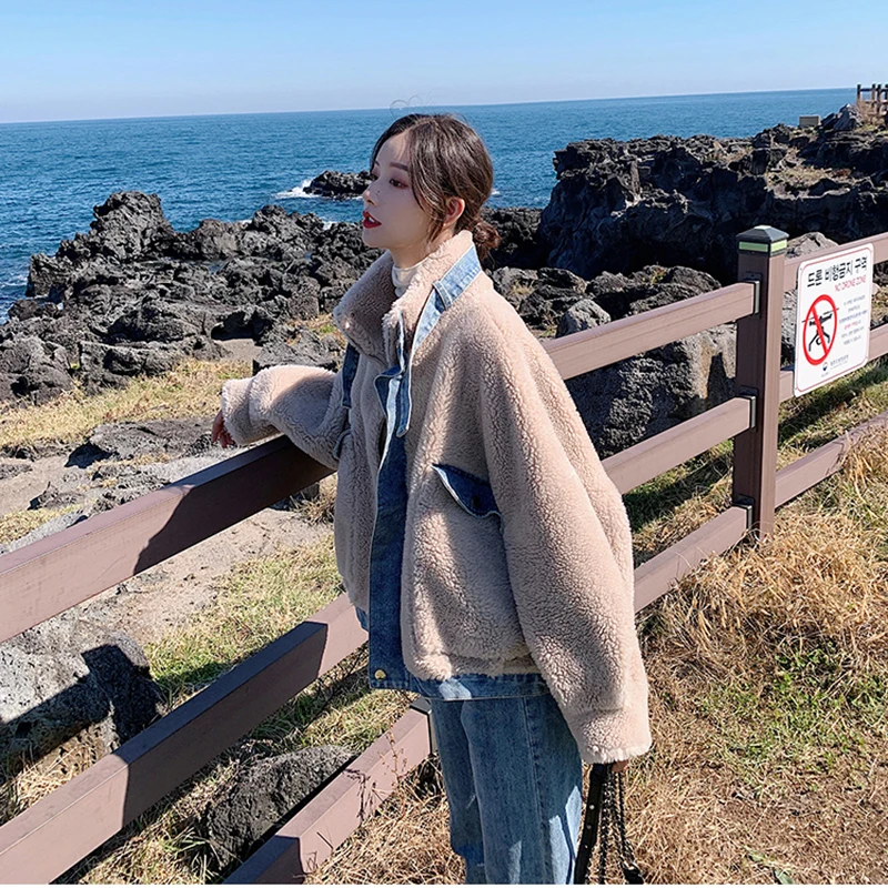 

HWLZLTZHT Winter Large Size Jacket Korean Clothing Lambswool Women's Quilted Coat Big Pocket Women's Jackets Patchwork Outwear