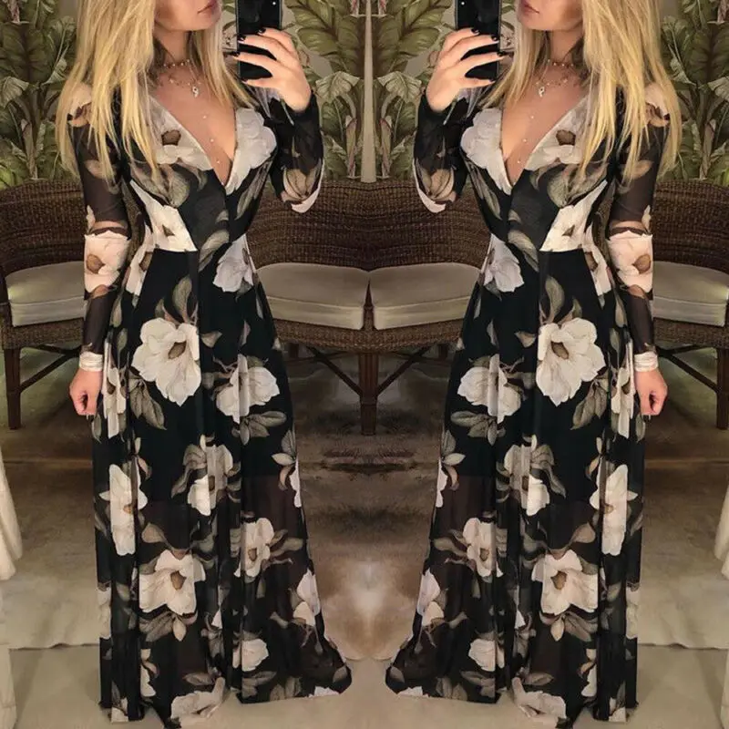 

Boho Summer Sexy Women Chiffon Long Maxi Dress Floral Print Elegant Loose Long Sleeve Robe Dresses Sundress Vestidos