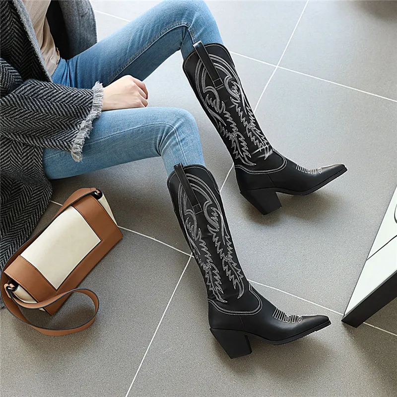 

ASUMER 2021 big size 47 knee high boots women pointed toe embroider autumn winter western boots high heels casual shoes woman