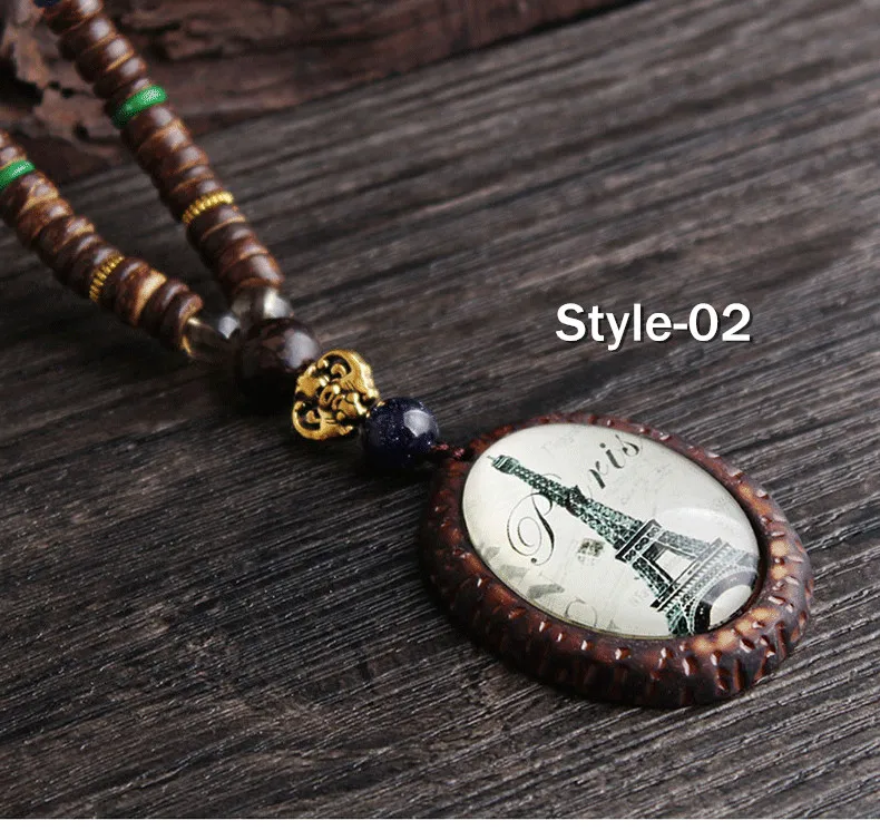 

Bohemia Wood Bead Necklace Peacock Feather Eiffel Tower Pendant Women Long Sweater Chain