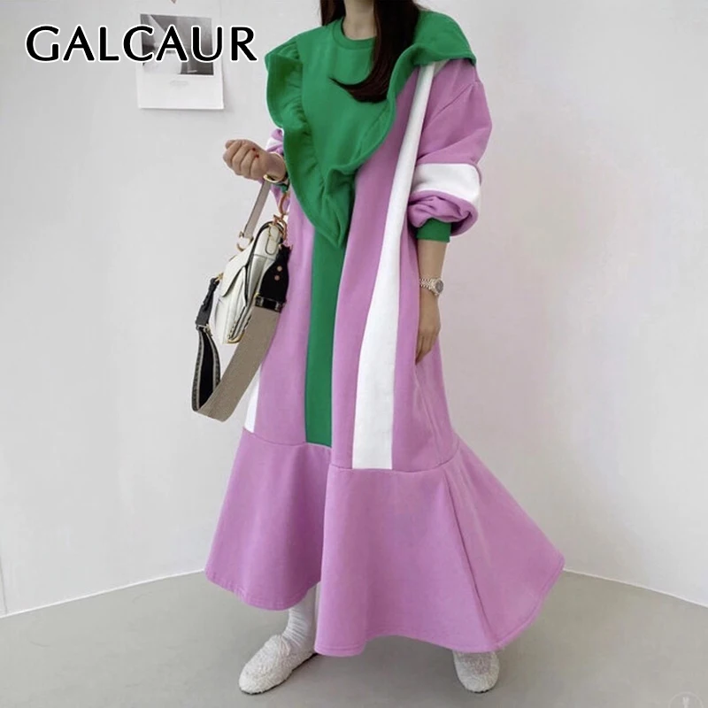 

Повседневное платье GALCAUR в стиле пэчворк с цветными блоками для женщин, свободные платья до щиколотки с круглым вырезом и длинным рукавом, Ж...