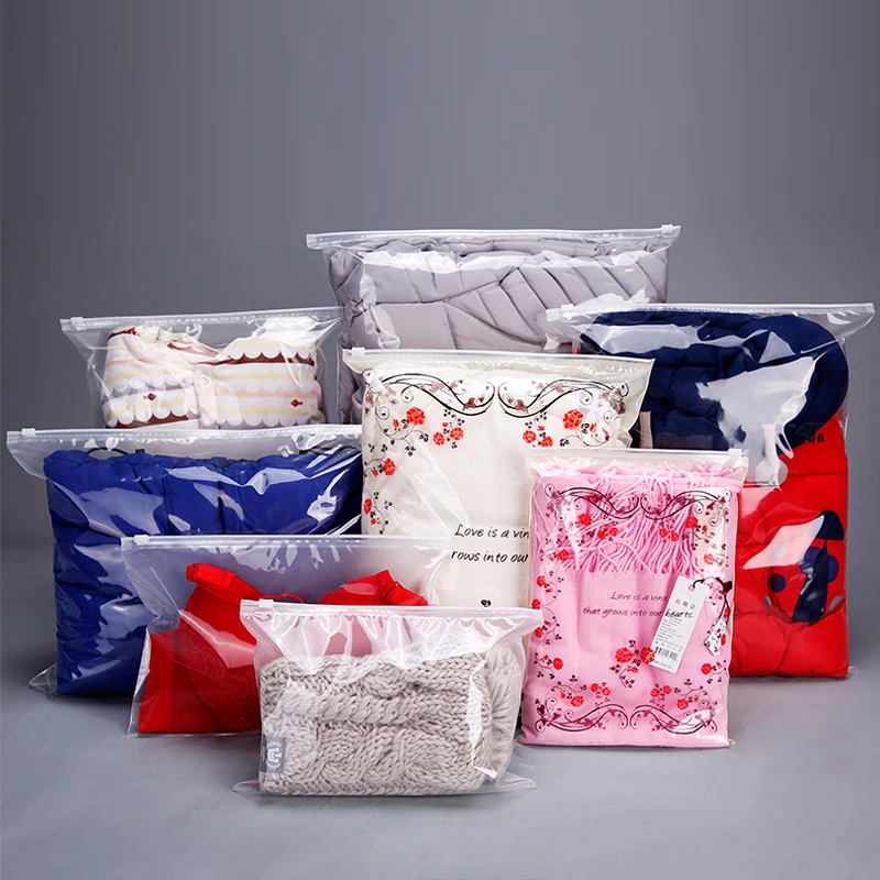 

50pcs/lot Half Clear Frosted Clothing Zipper Self Sealing Plastic Storage Custom Sealed Transparent Clothing Bags