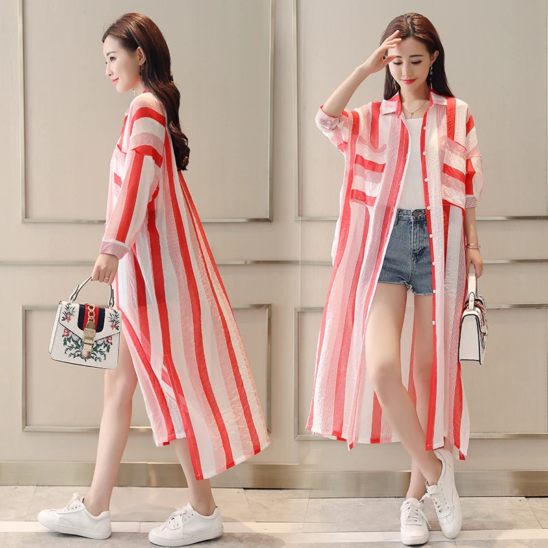 

Fashion New Stripe Loose Long Style Elegant Fashion Thin Sunscreen Clothing