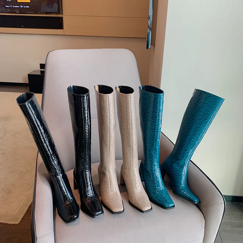 

Square Toe Women Knee High Boots Patent Leather Back Zipper Thick High Heels Blue Black Beige Knight Booties Work Pumps 35-39