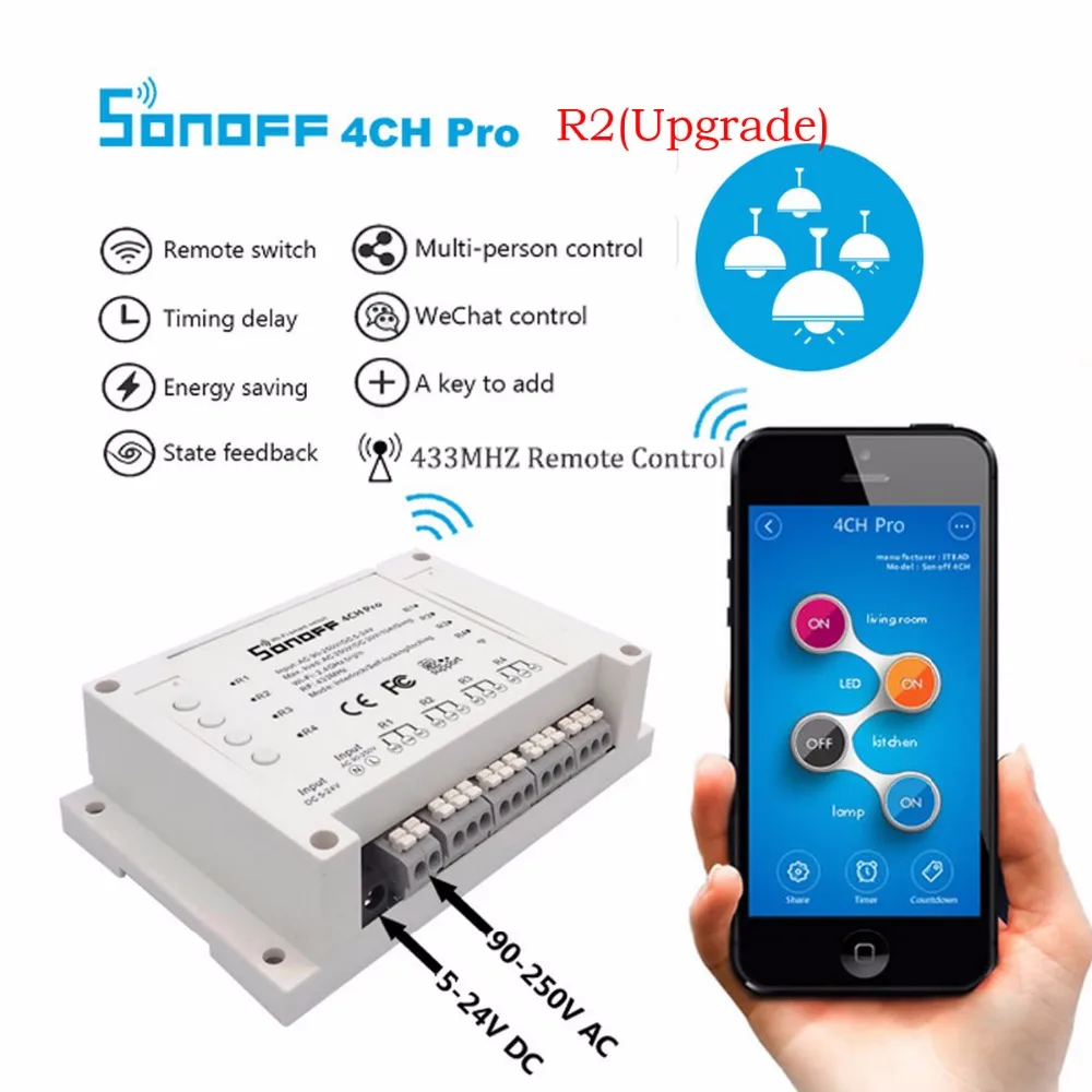 Оригинальный Смарт переключатель Sonoff 4ch R2 PRO 4 канала 433 МГц 2 4G Wi Fi с пультом