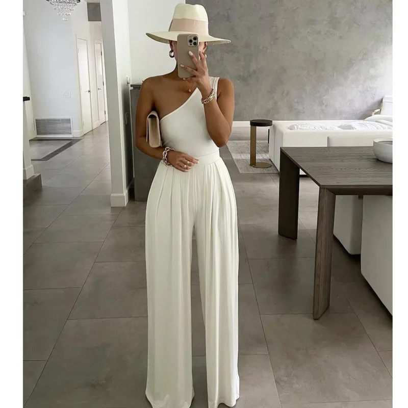 

Sexy Women One Shoulder Solid Jumpsuit Elegant Wide Leg Pants Femme Playsuit Summer Loose Beach Overalls Romper Pantalones Mujer