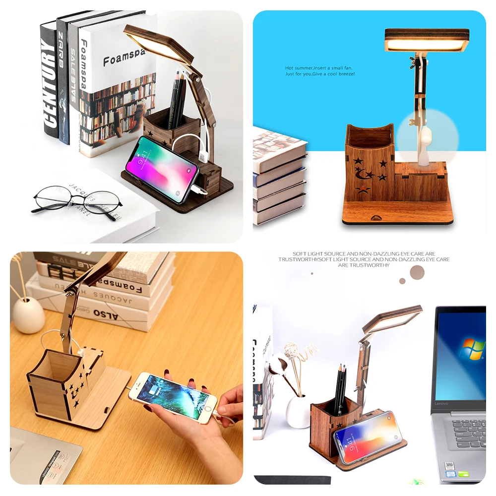 

LED Desk Lamp Rechargeable with Brush Pot & Phone Holder Base Wooden Vintage Deco Dimmer Study Table Lamps for the Bedroom