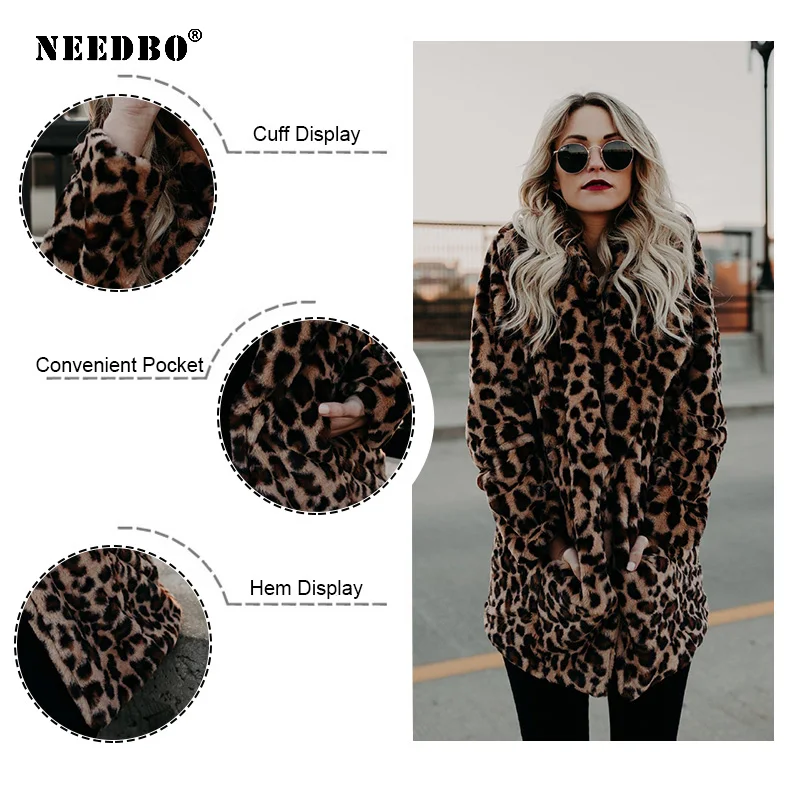 NEEDBO Faux Fur Coat Women New Winter Fashion Leopard Print Outerwear Warm Long Sleeve Artificial Fur Jacket Plush Clothing