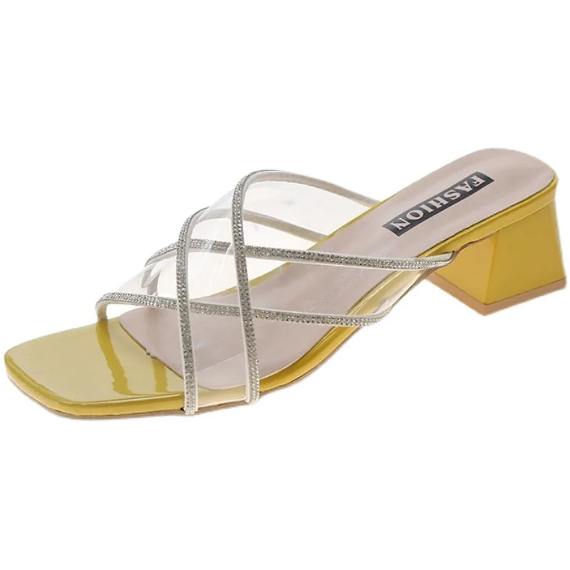 

Square heel Transparent Slippers Women Luxury Shoes Med Heeled Mules Glitter Slides Pantofle Rubber Flip Flops Block Designer Hi