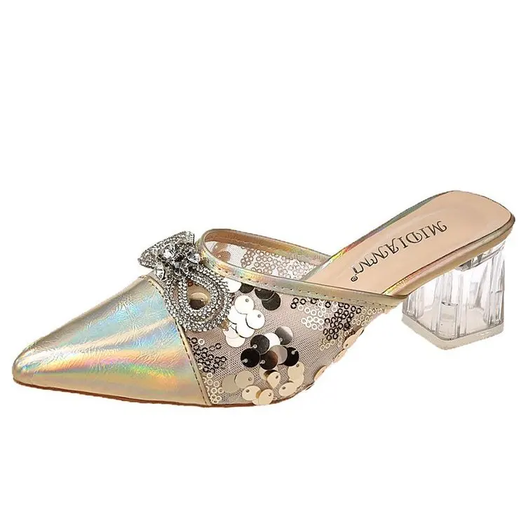

Shoes Ladies' Slippers Glitter Slides Slipers Women Med Square heel Jelly 2021 Soft Block Hoof Heels PU Scandals Rome Rubber Cas