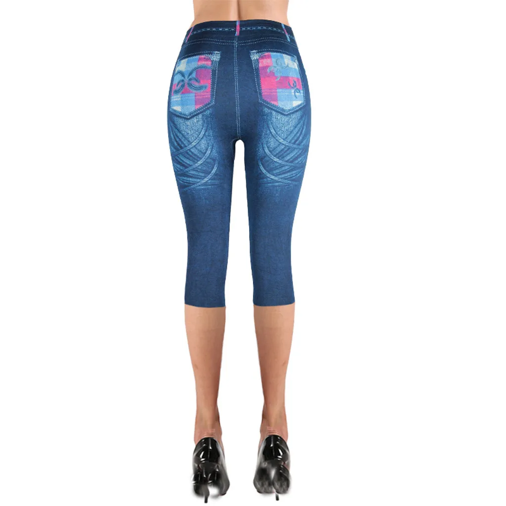 Женские леггинсы имитация джинсов с принтом высокой талией эластичные длиной до