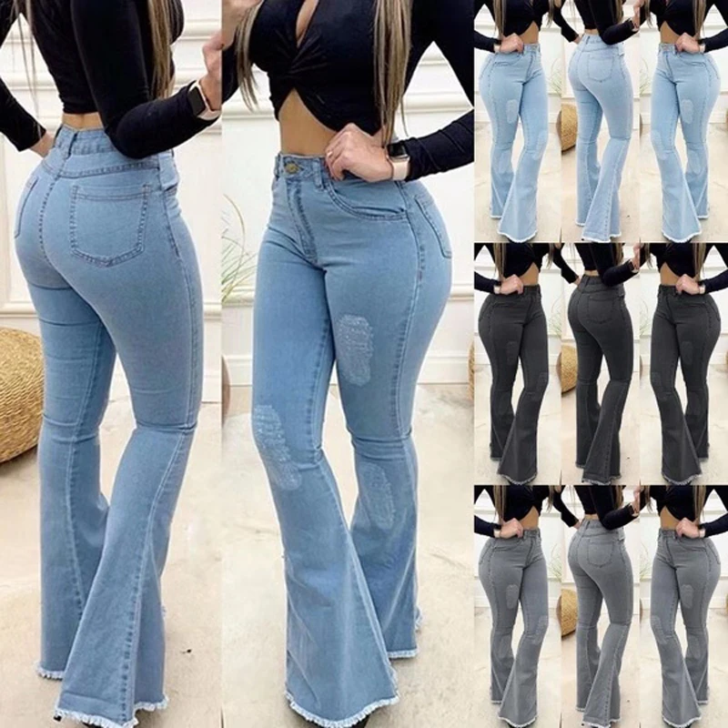 Пикантные джинсы с высокой талией, эластичные Облегающие расклешенные женские джинсовые брюки в полную длину, джинсы, уличная одежда