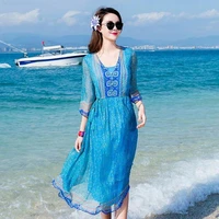 fashion women shell 100 pure silk dress high quality v neck elegent print party holiday beach long dresses blue