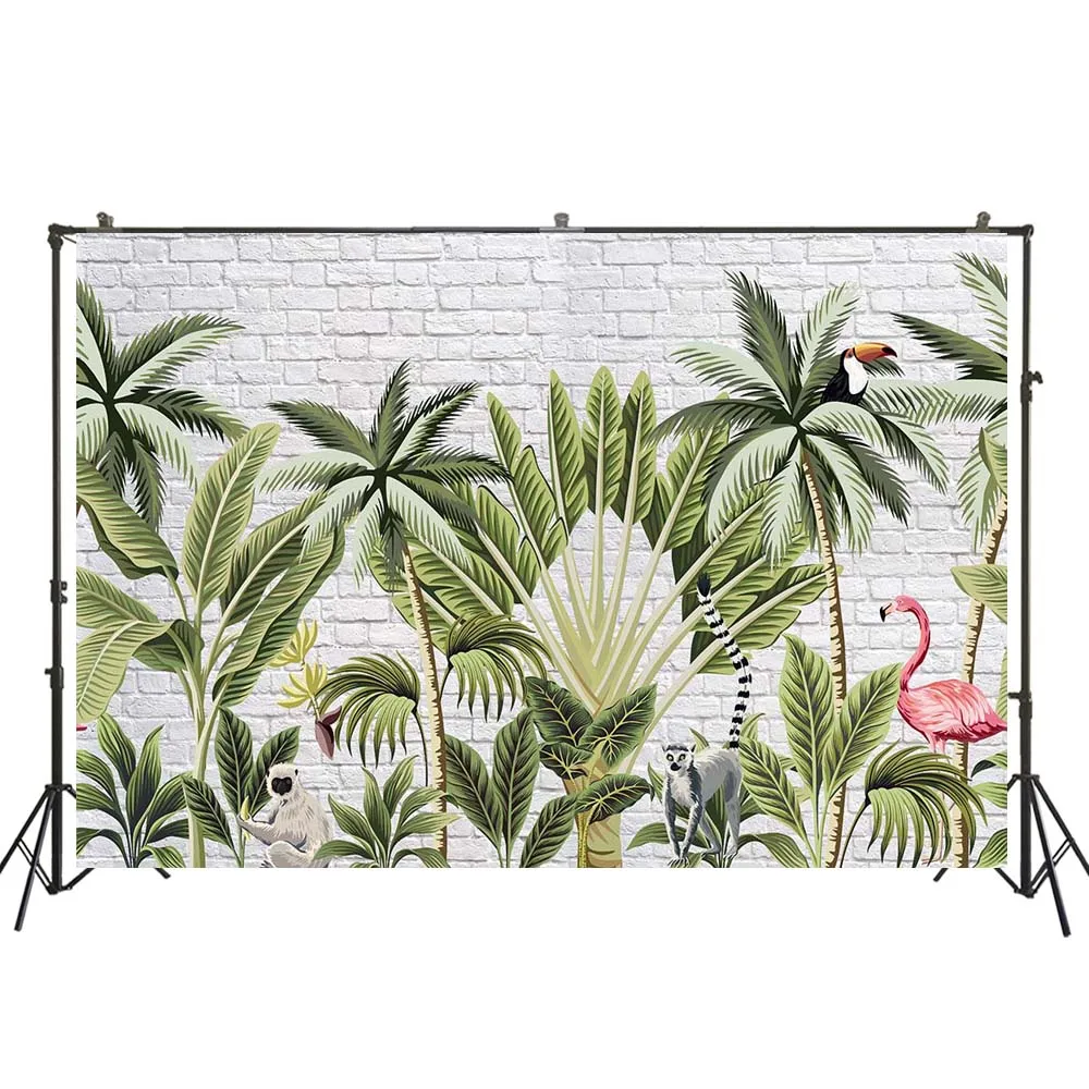 Фон с белой кирпичной стеной летние тропические растения животное фламинго фон
