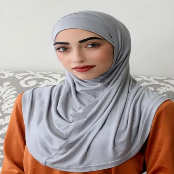 H037 high quality cotton jersey plain two pieces pull on hijab islamic scarf head wrap pray scarves 1